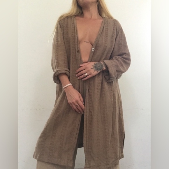 Vintage Sweaters - Vintage Tan Indian Embroidered Long Cardigan